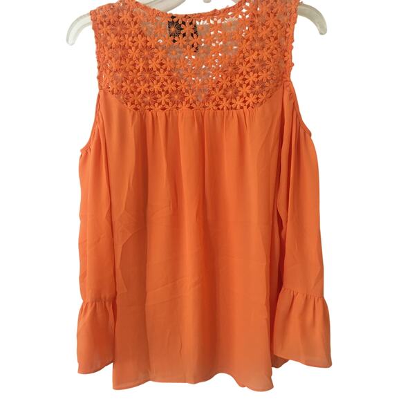 New Directions, Coral, Orange Lace Cold shoulder, Long Bell Sleeves Large Blouse - Picture 1 of 7